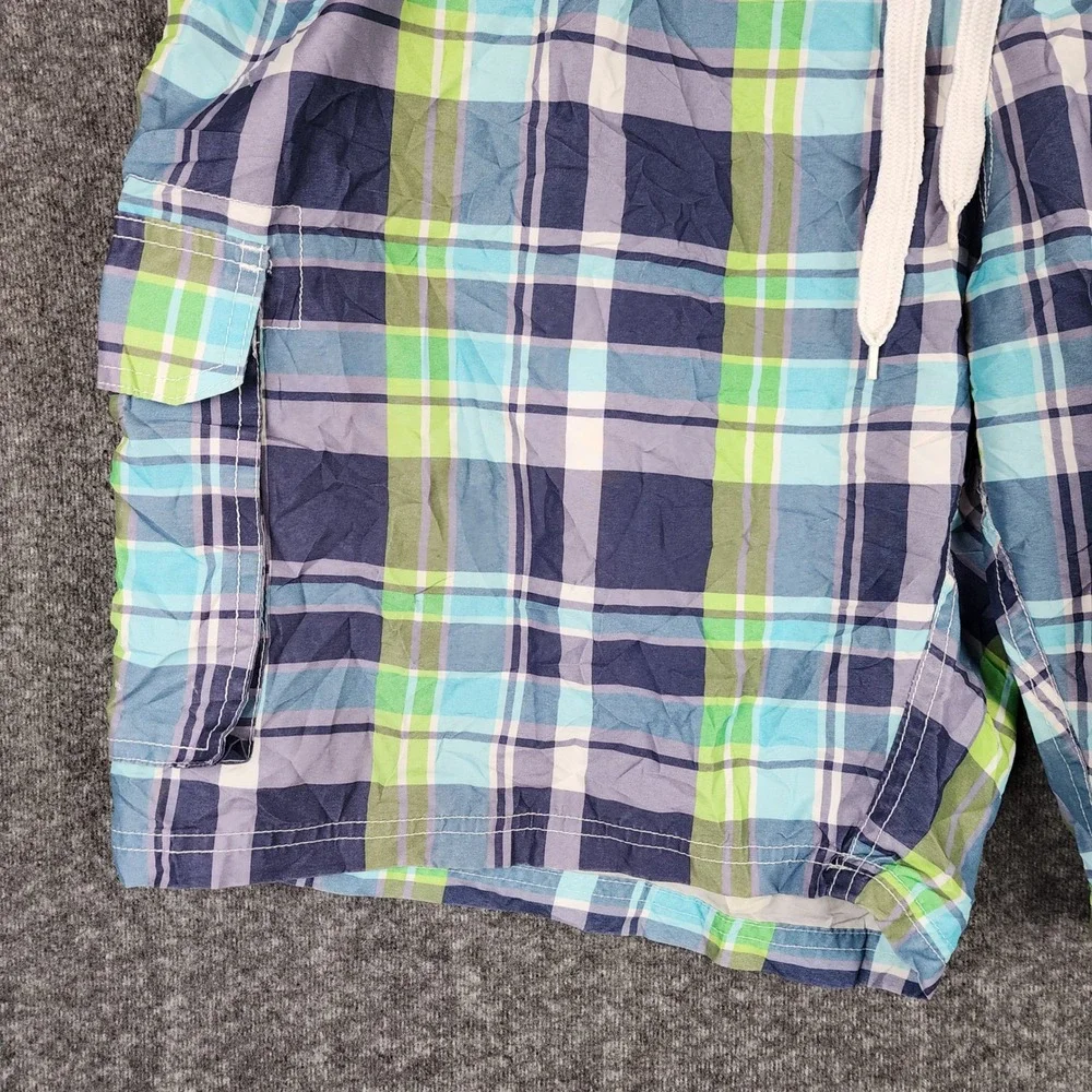 Kanu Surf Swim Trunks Men XXL Blue Green Plaid Cargo Pocket Board Shorts